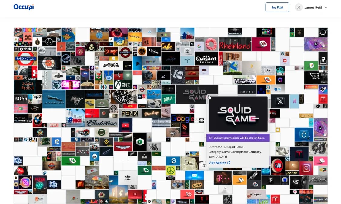 The Occupi home page with interactive advertising spaces