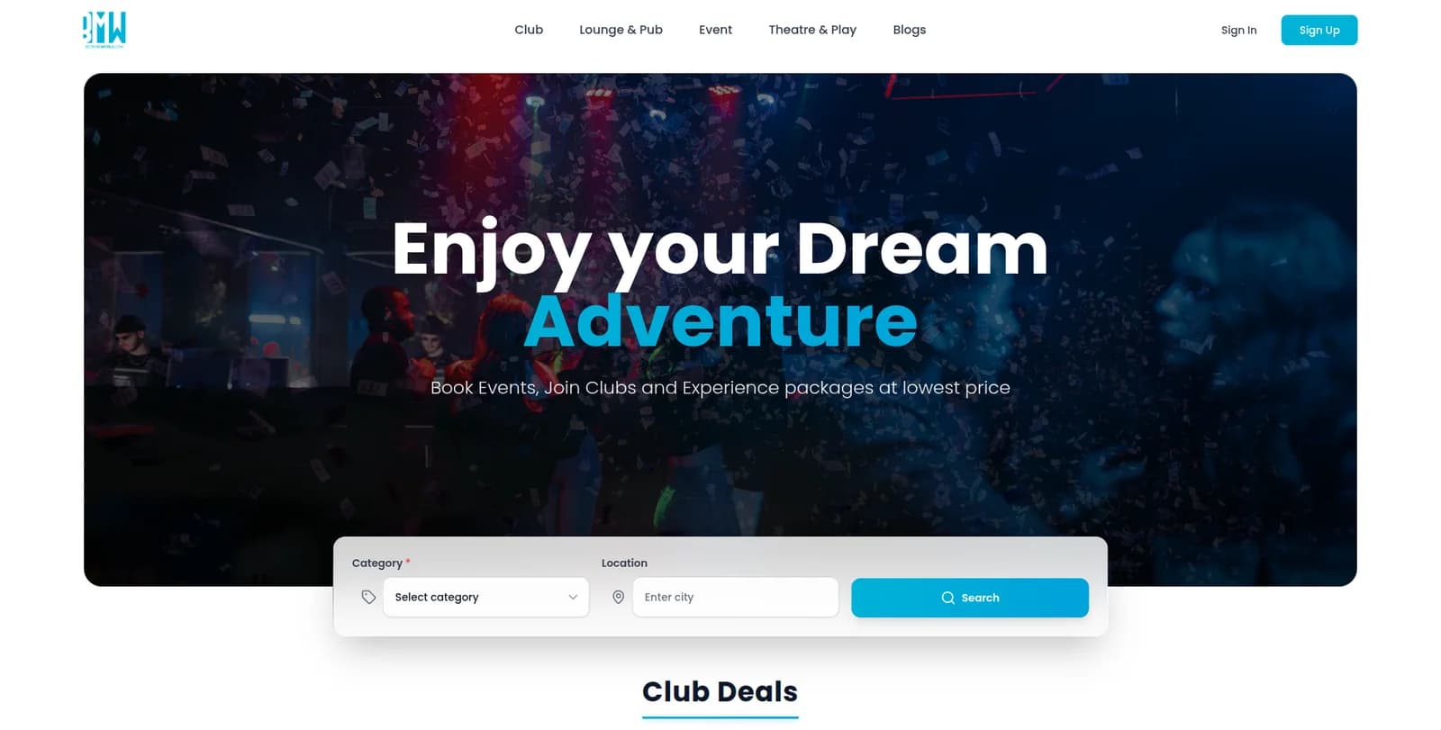 Book Me World home page with events